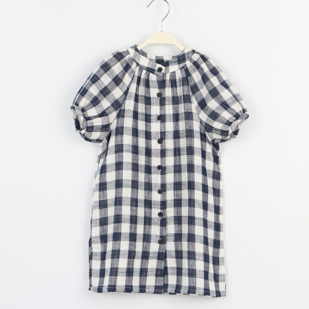 Girls Short Sleeve Button Front Plaid Cotton Dress